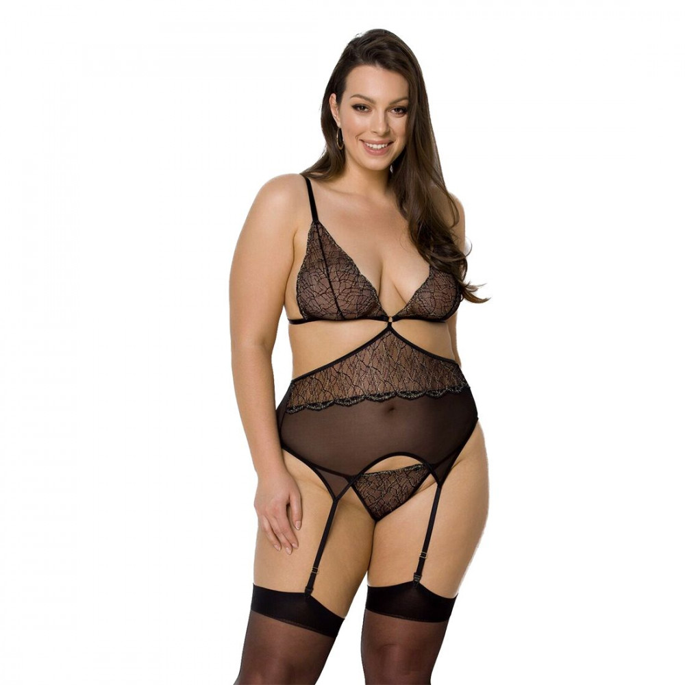 Эротические корсеты - Корсет с пажами Passion Amberly Corset 6XL/7XL black, ассиметричный крой, кружева, стринги