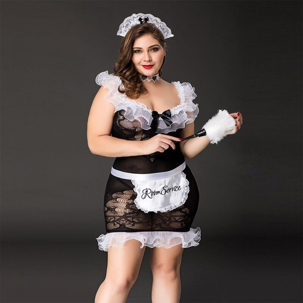 Эротические костюмы - Костюм горничной JSY «Послушная Эльма» Plus Size Black, платье, передник, головной убор горничной