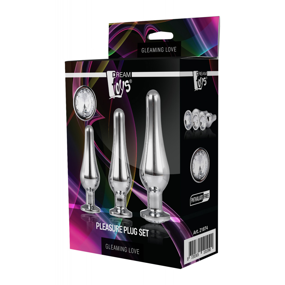 Анальная пробка со стразом - DT21874 Набор анальных пробок конической формы Dream Toys GLEAMING LOVE PLEASURE SET SILVER 2