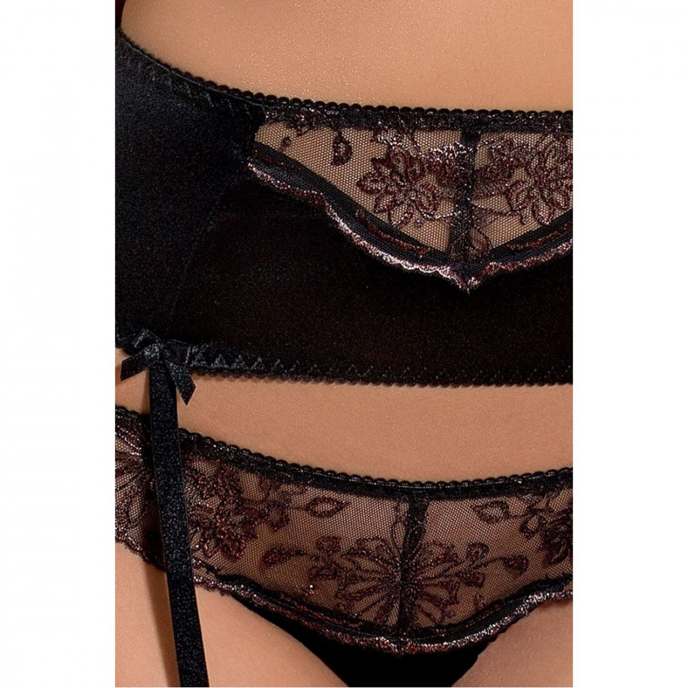 Эротические комплекты - Комплект белья BRIDA SET OpenBra black S/M - Passion Exclusive: трусики-танга, пояс, открытый лиф 2