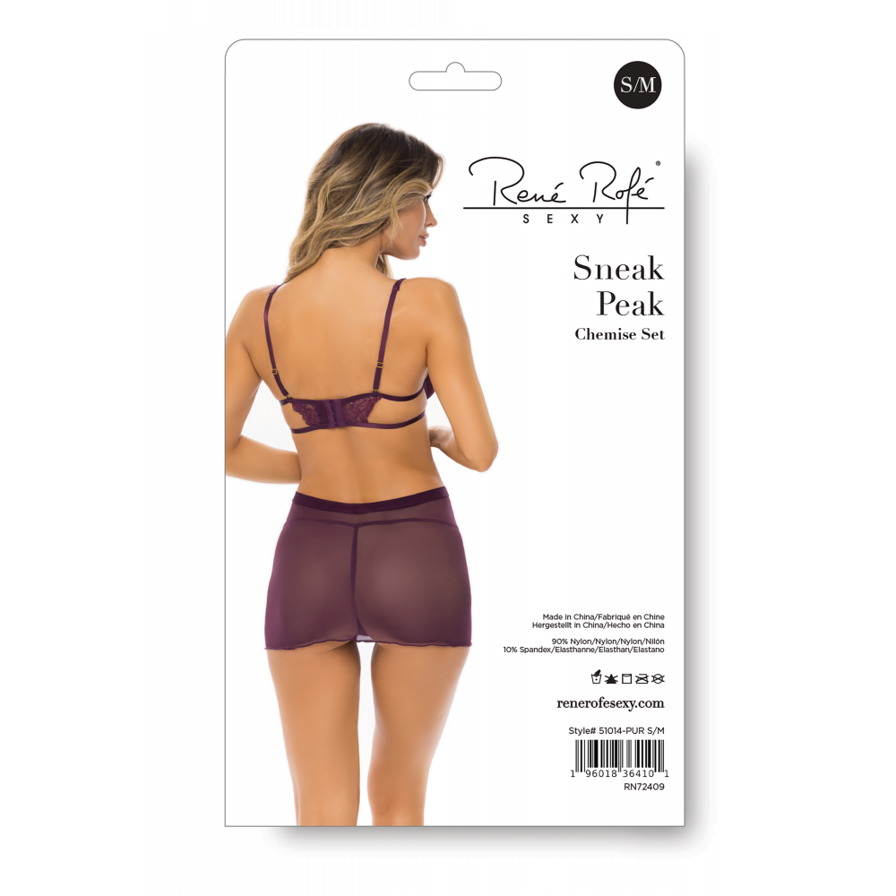 Эротические пеньюары и сорочки - SNEAK PEAK CHEMISE SET PURPLE, S/M 1