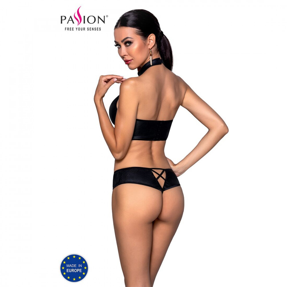 Эротические комплекты - Комплект из эко-кожи Nancy Bikini black S/M - Passion, бра и трусики с имитацией шнуровки  6