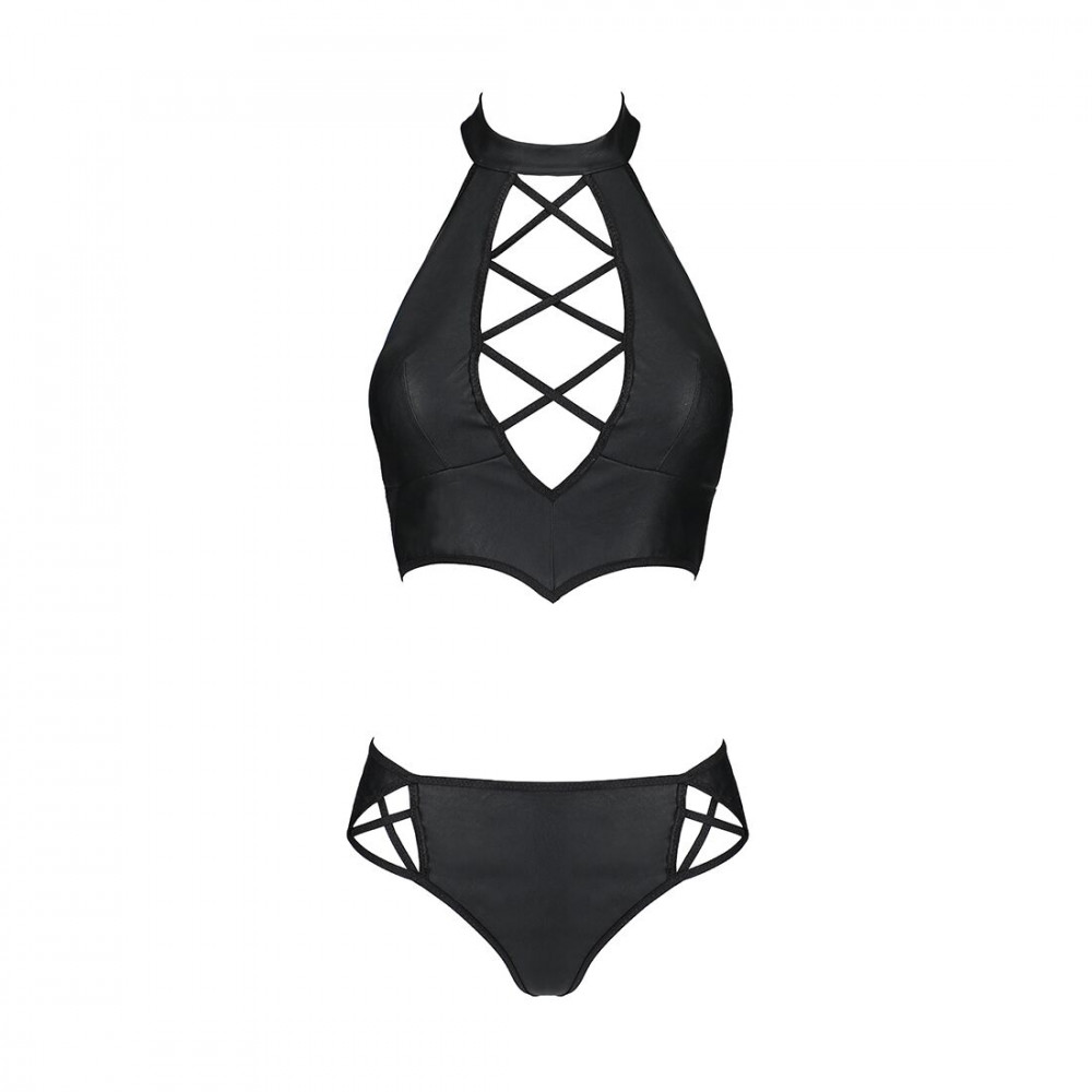 Эротические комплекты - Комплект из эко-кожи Nancy Bikini black S/M - Passion, бра и трусики с имитацией шнуровки  3