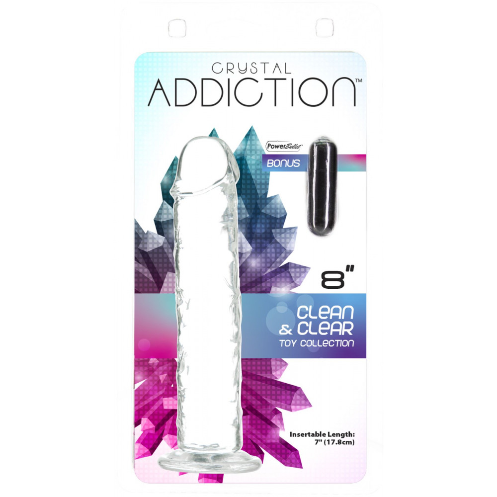 Фаллоимитаторы на присоске, двойные - Прозрачный фаллоимитатор ADDICTION Vertical Dong 8″, присоска, диаметр 3,8 см, вибропуля в подарок 1