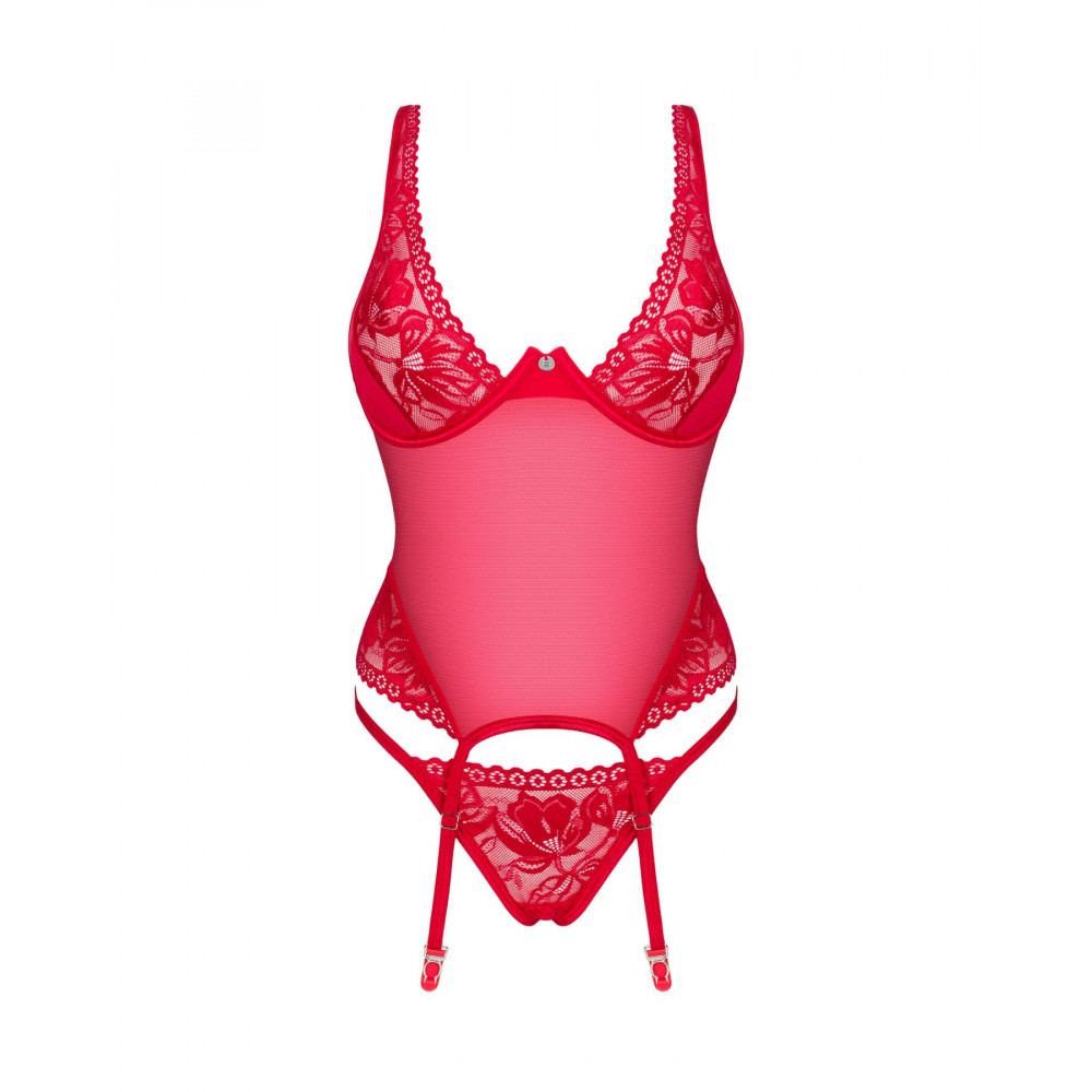 Эротические корсеты - Прозрачный корсет Obsessive Lacelove corset XL/2XL Red, кружево, подвязки для чулок 5