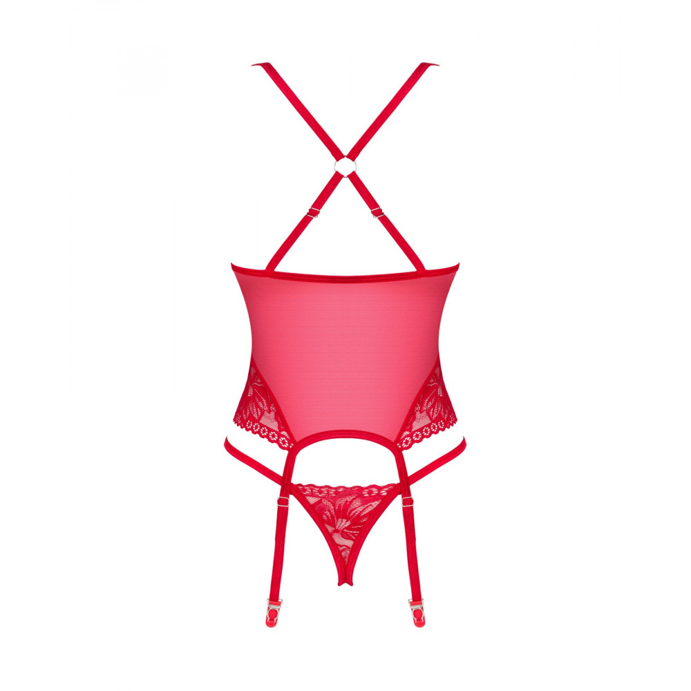 Эротические корсеты - Прозрачный корсет Obsessive Lacelove corset XL/2XL Red, кружево, подвязки для чулок 4
