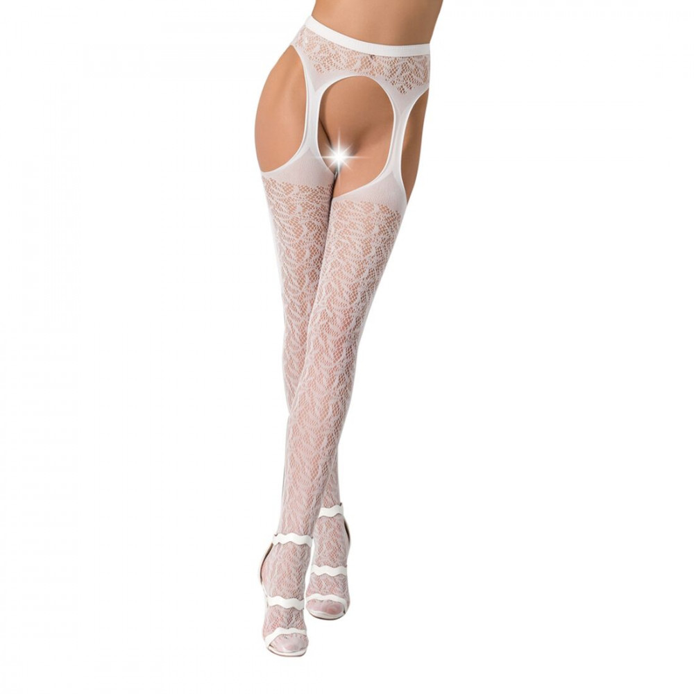 Чулки - Кружевные колготки-бодистокинги Passion S014 One Size, White, имитация чулок и пояса с гартерами