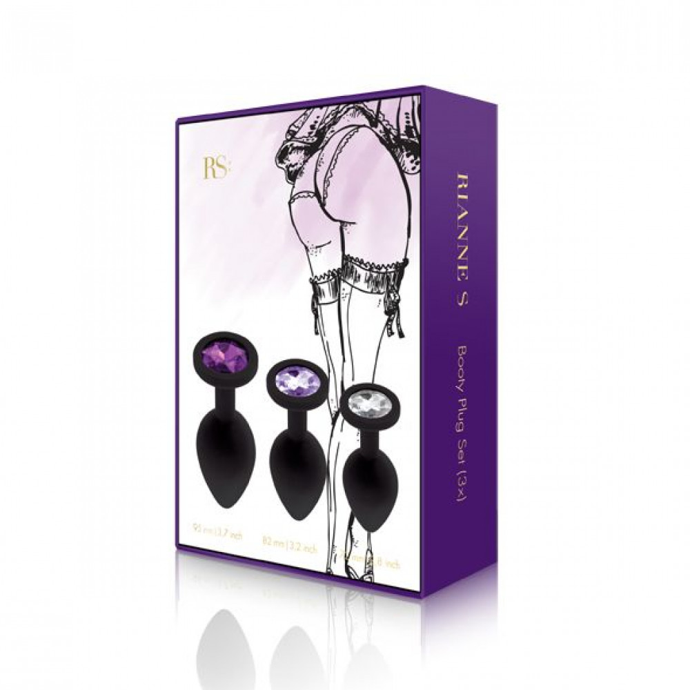 Наборы анальных пробок - Набор анальных пробок с кристаллом Rianne S: Booty Plug Set Black, диаметр 2,7см, 3,5см, 4,1см 7