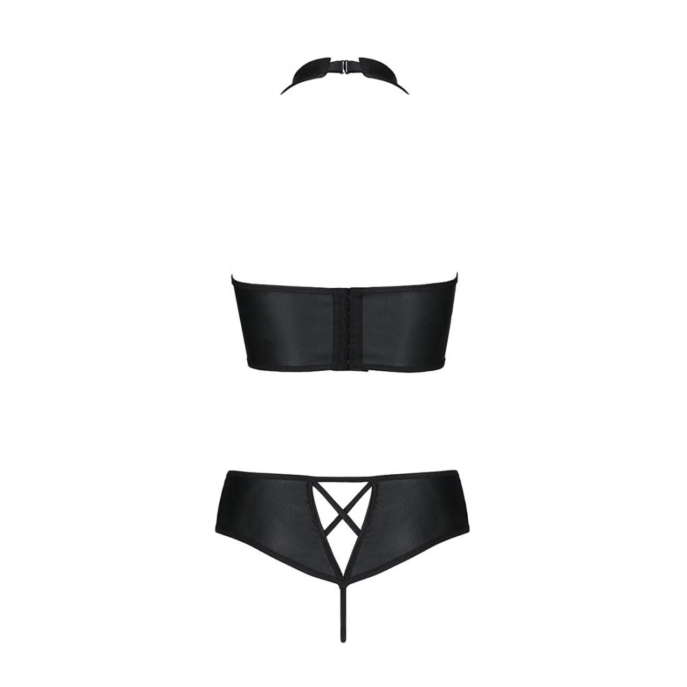 Эротические комплекты - Комплект из эко-кожи Nancy Bikini black XXL/XXXL - Passion, бра и трусики с имитацией шнуровки  2