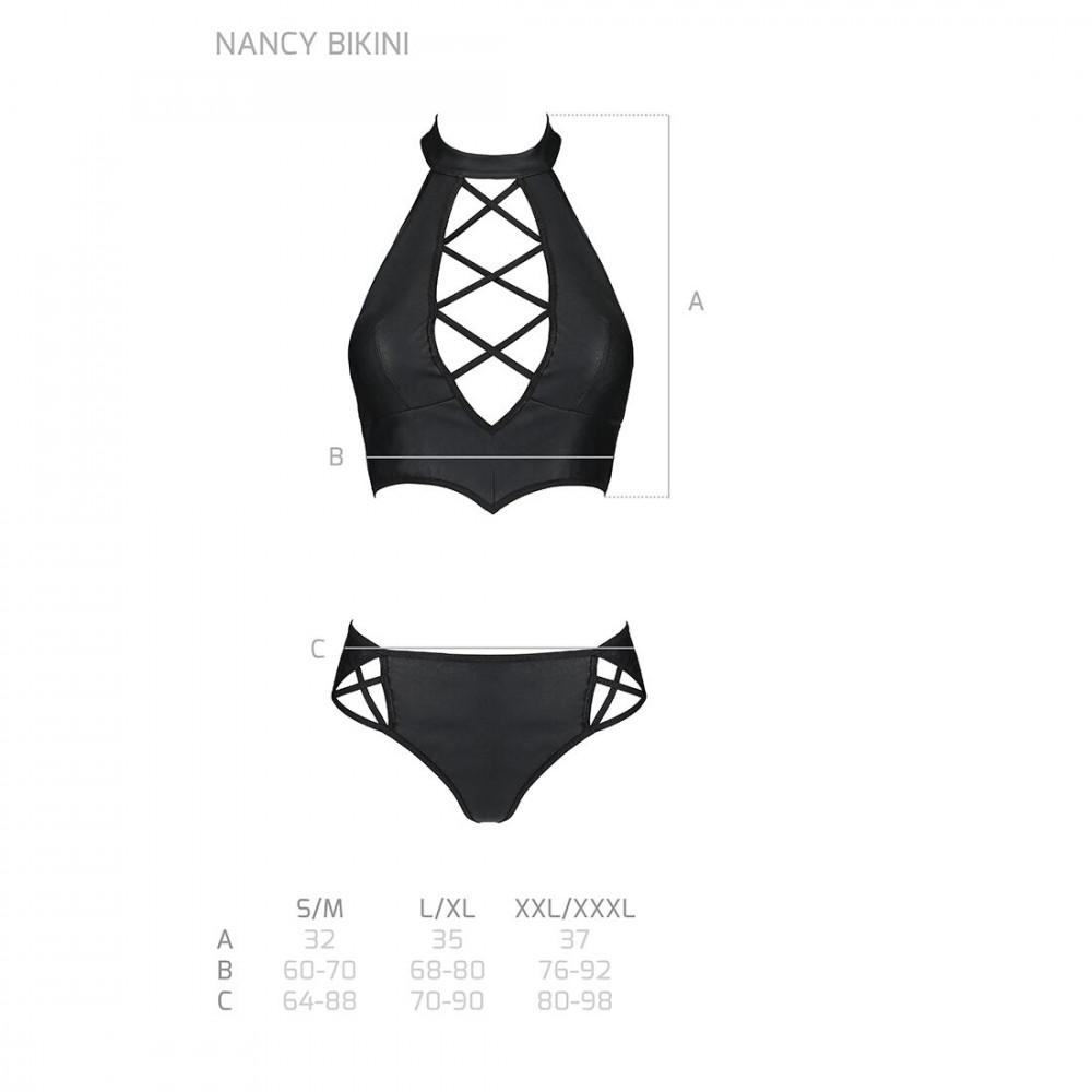 Эротические комплекты - Комплект из эко-кожи Nancy Bikini black XXL/XXXL - Passion, бра и трусики с имитацией шнуровки  1