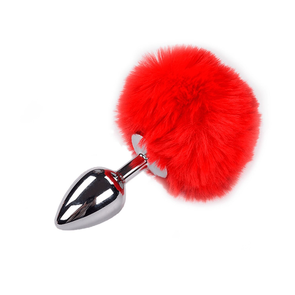 Анальный хвост - Металлическая анальная пробка Кроличий хвостик Alive Fluffy Plug M Red, диаметр 3,4 см