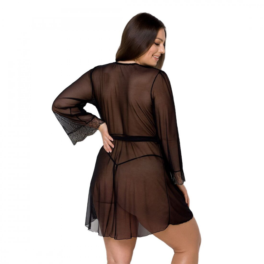 Эротические пеньюары и сорочки - Пеньюар Passion Amberly Peignoir 6XL/7XL black, ажурные декольте и манжеты, широкие рукава 3