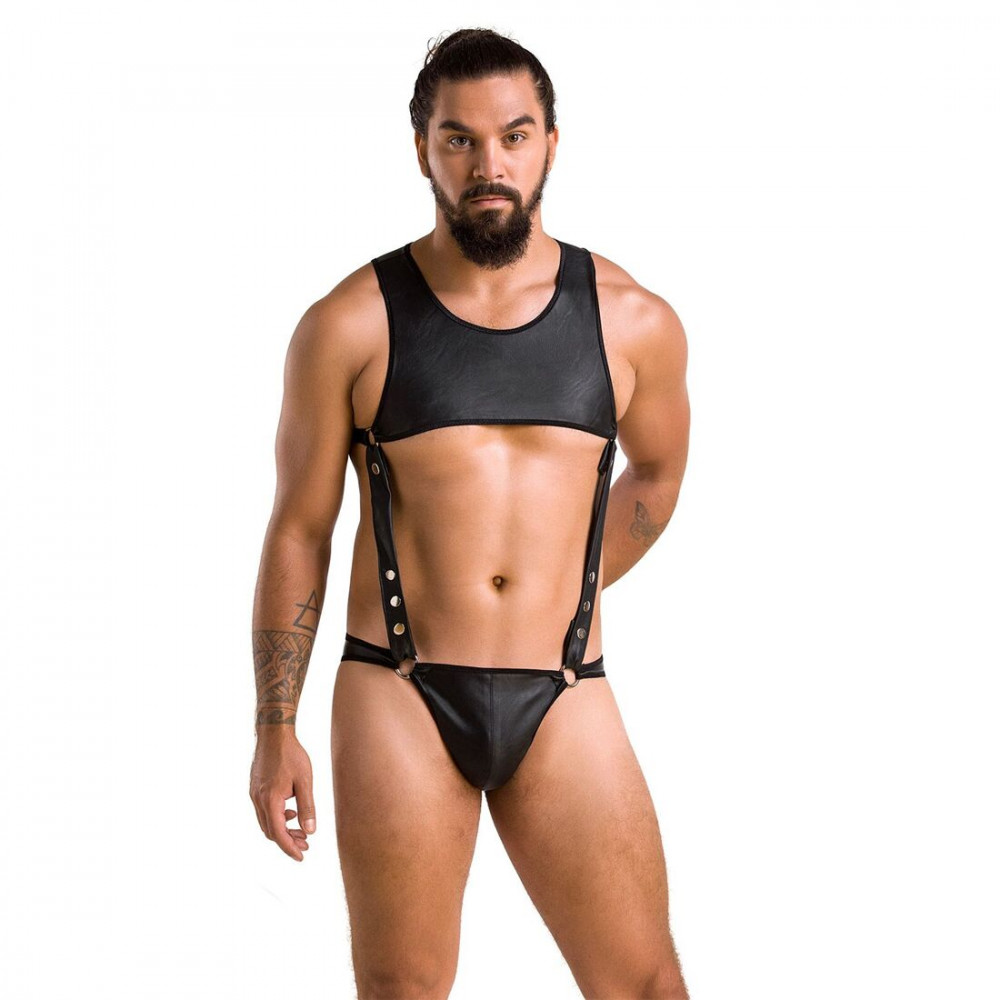 Стринги, трусы и шорты - Мужское кожаное боди Passion 056 Adam L/XL Black, заклепки 4