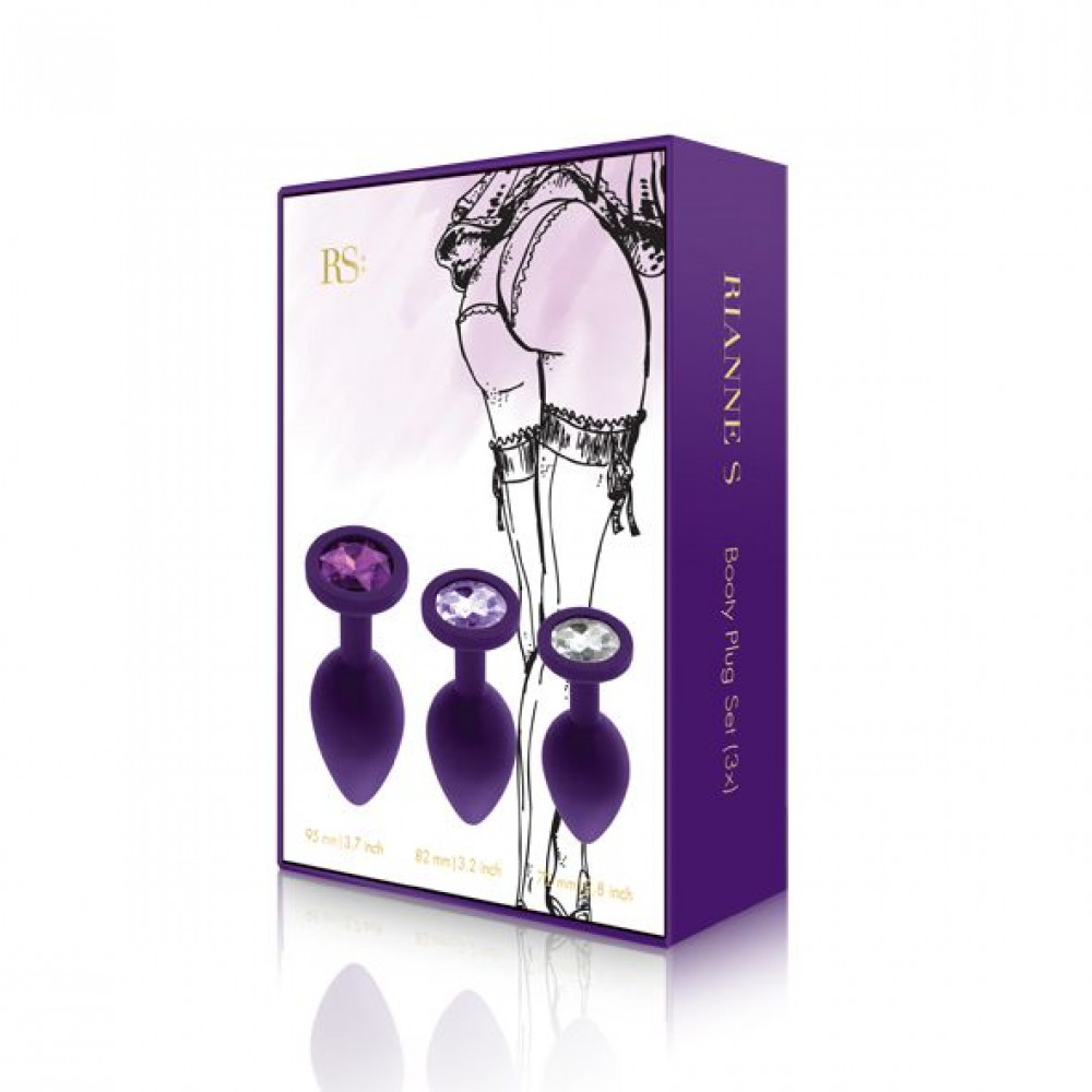 Наборы анальных пробок - Набор анальных пробок с кристаллом Rianne S: Booty Plug Set Purple, диаметр 2,7см, 3,5см, 4,1см 7
