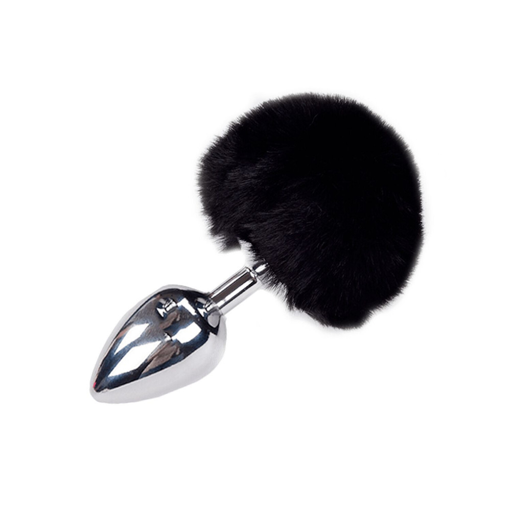 Анальный хвост - Металлическая анальная пробка Кроличий хвостик Alive Fluffy Plug L Black, диаметр 3,9 см
