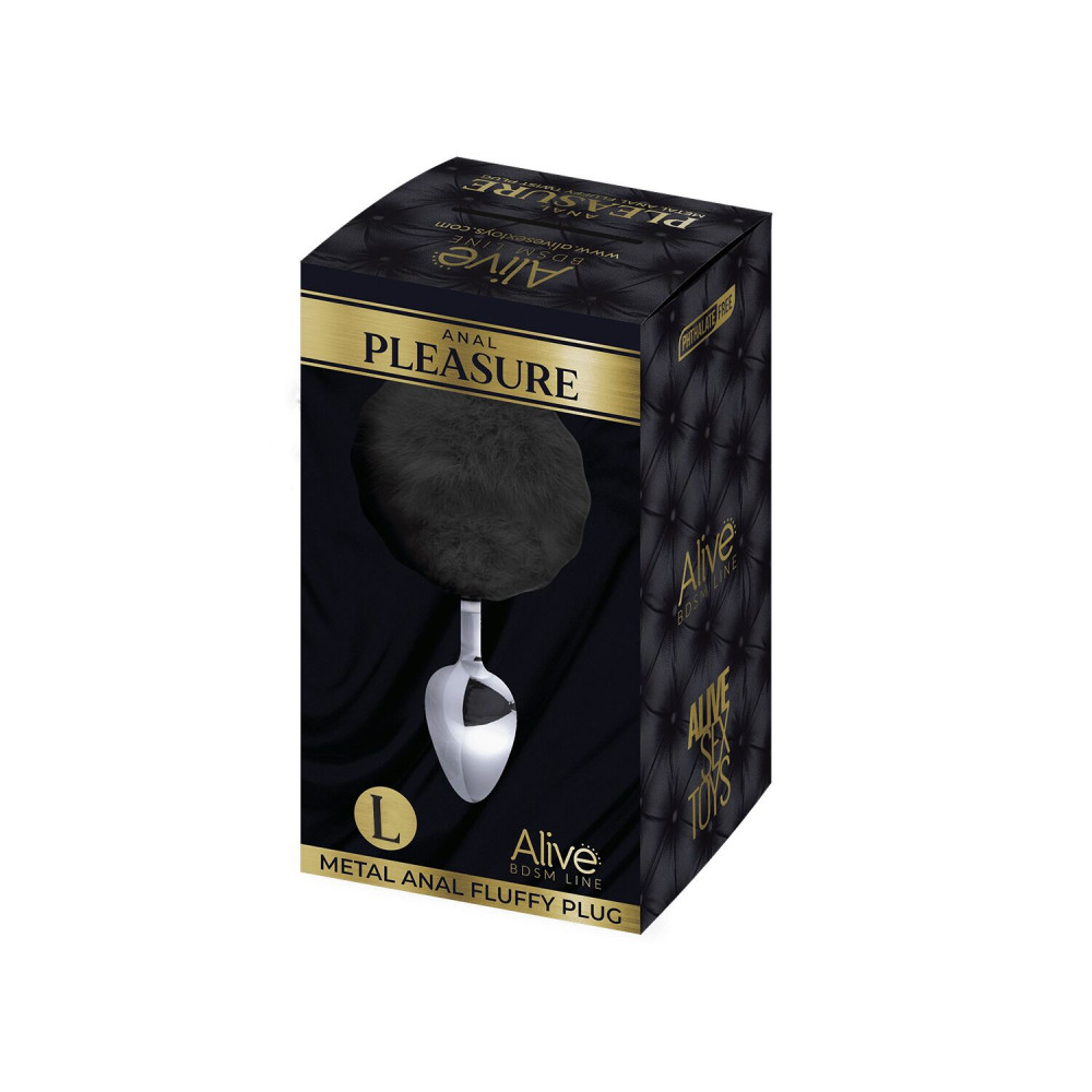 Анальный хвост - Металлическая анальная пробка Кроличий хвостик Alive Fluffy Plug L Black, диаметр 3,9 см 1