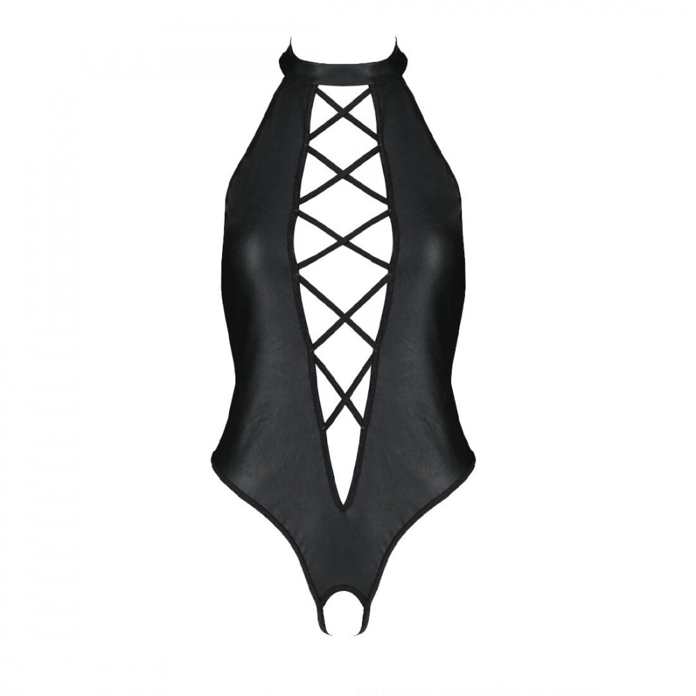 Эротическое боди - Боди из экокожи Passion Nancy Body 6XL/7XL black, с имитацией шнуровки и открытым доступом 2
