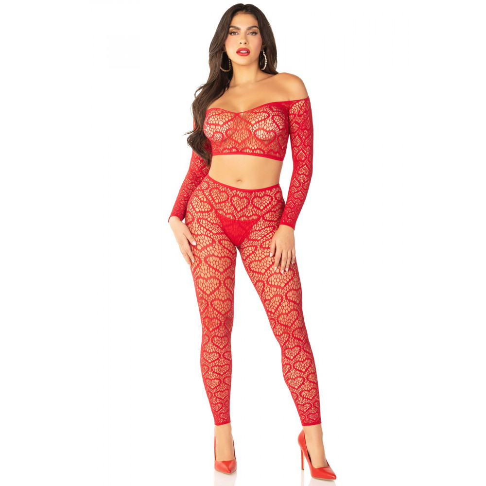 Эротические комплекты - Комплект Leg Avenue Off The Shoulder Top and Footless Tights One Size, Red 4