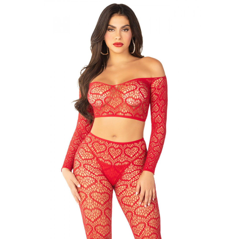 Эротические комплекты - Комплект Leg Avenue Off The Shoulder Top and Footless Tights One Size, Red