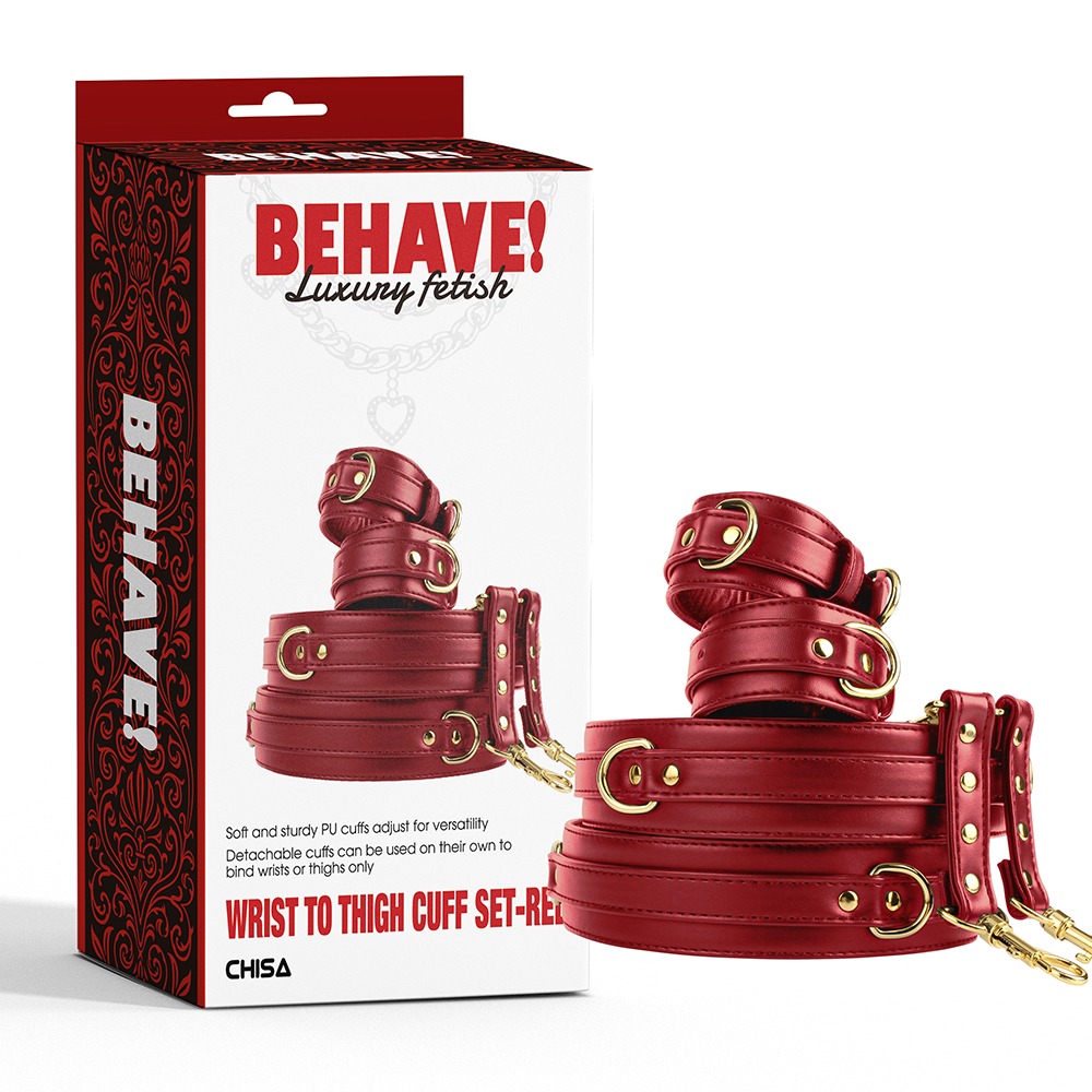 БДСМ игрушки - Комплект манжетов на запястья и бедра Chisa BEHAVE! Luxury Fetish красный