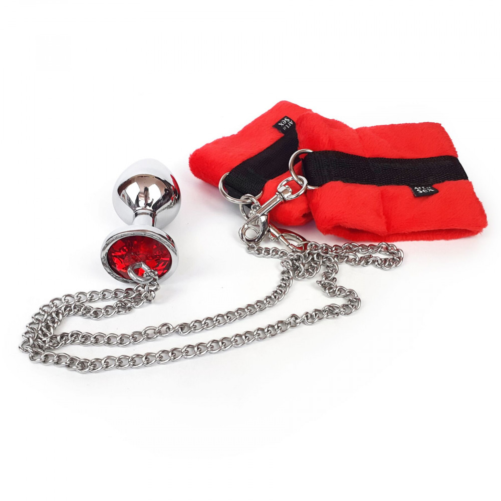 Анальная пробка - Наручники с металлической анальной пробкой Art of Sex Handcuffs with Metal Anal Plug  size M Red 3
