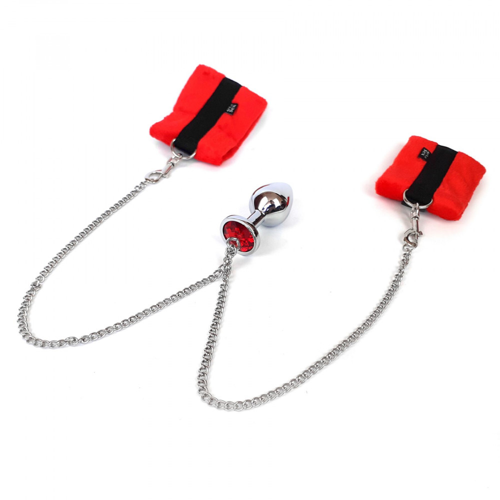Анальная пробка - Наручники с металлической анальной пробкой Art of Sex Handcuffs with Metal Anal Plug  size M Red 2