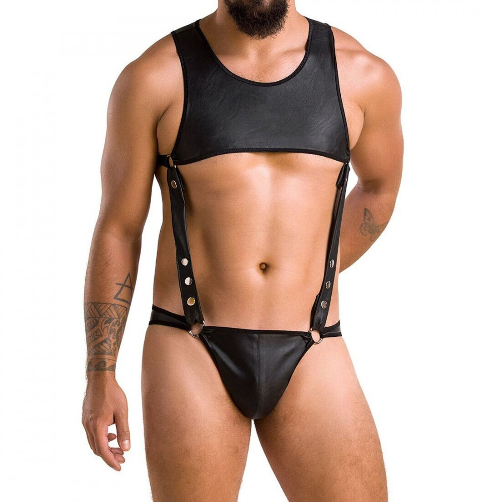 Стринги, трусы и шорты - Мужское кожаное боди Passion 056 Adam XXL/XXXL Black, заклепки