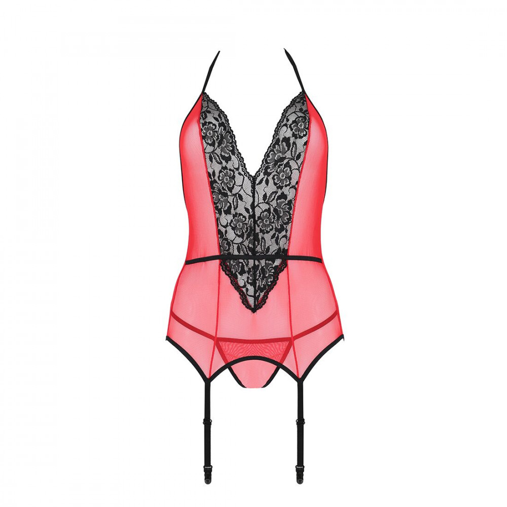 Эротические корсеты - Корсет с пажами для чулок Passion PEONIA CORSET L/XL red, стринги 3
