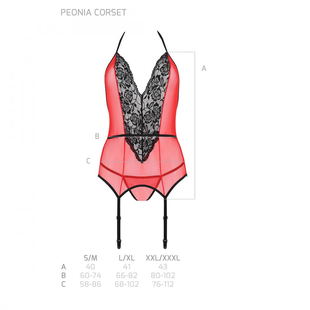 Эротические корсеты - Корсет с пажами для чулок Passion PEONIA CORSET L/XL red, стринги 1