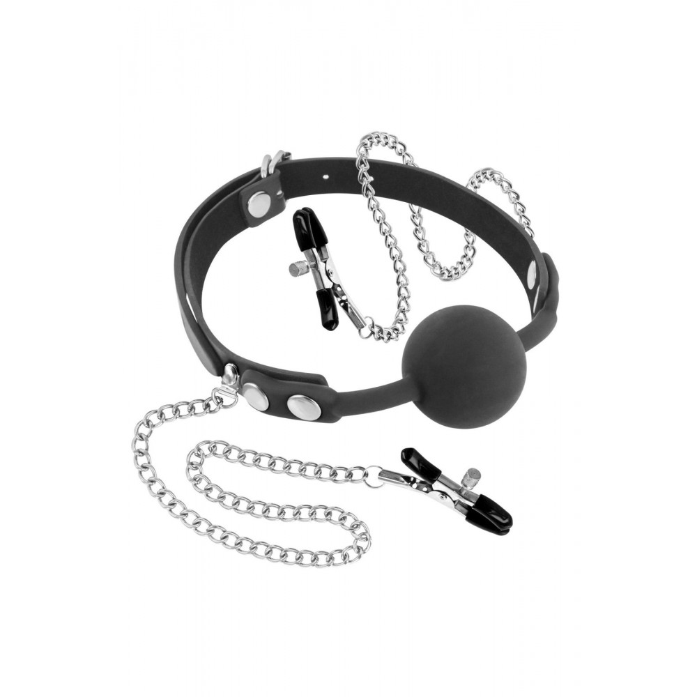 Кляп - Кляп с силиконовым шариком и зажимами для сосков Fetish Tentation Gag Ball with Nipple Clamps