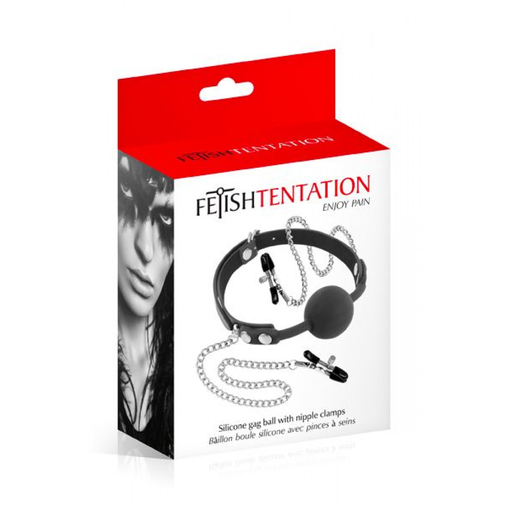 Кляп - Кляп с силиконовым шариком и зажимами для сосков Fetish Tentation Gag Ball with Nipple Clamps 1