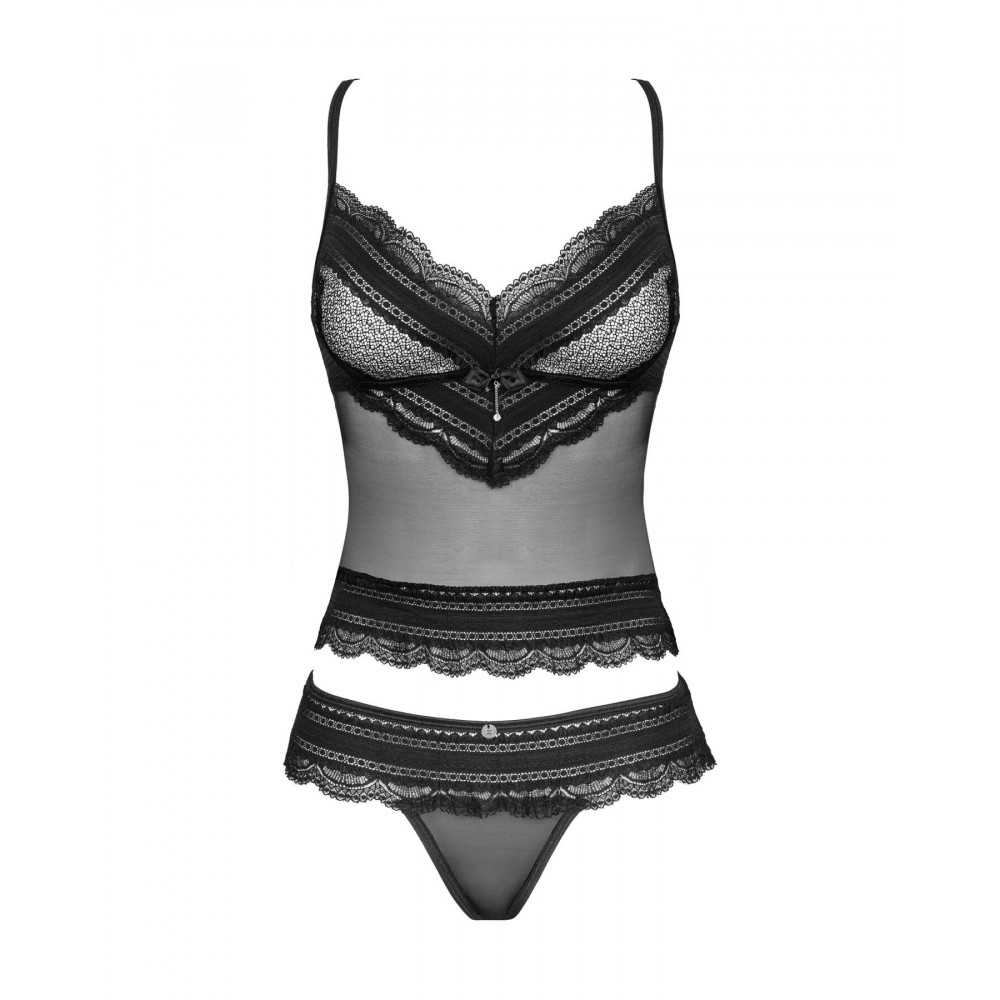 Эротические комплекты - Полупрозрачный набор с украшениями Obsessive Ivannes top & thong L/XL, черный, топ и танга 3
