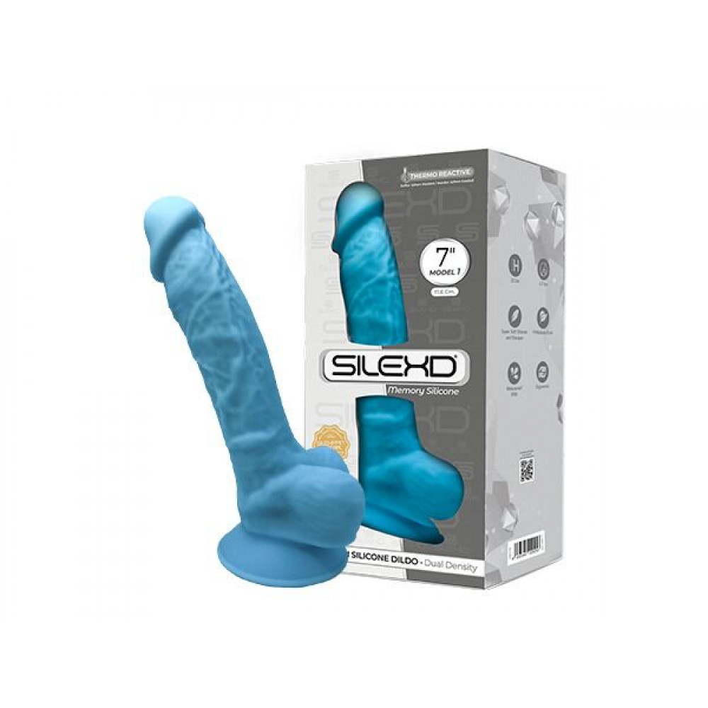 Фаллоимитаторы на присоске, двойные - Фаллоимитатор SilexD Johnny Blue (MODEL 1 size 7in), двухслойный, силикон+Silexpan, диаметр 3,8 см 1