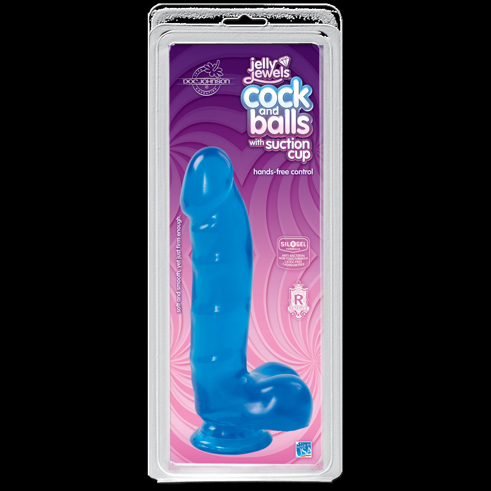 Фаллоимитаторы на присоске, двойные - Фаллоимитатор Doc Johnson Jelly Jewels Cock & Balls Blue, диаметр 3,6см, антибактериальный ПВХ 1