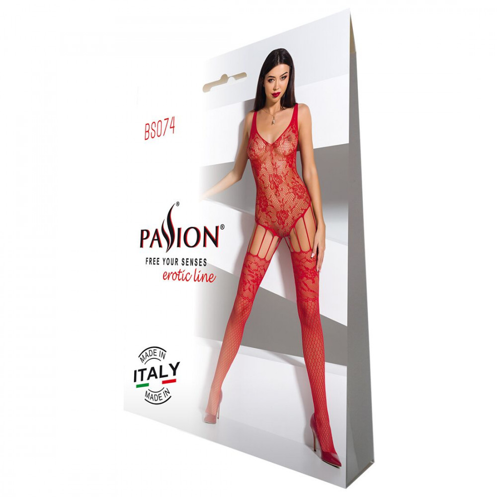 Бодистокинг - Ажурный бодистокинг с имитацией чулок Passion BS074 red 3
