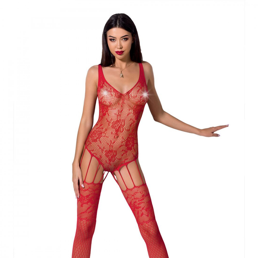 Бодистокинг - Ажурный бодистокинг с имитацией чулок Passion BS074 red