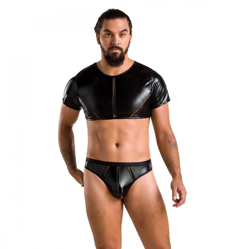 Стринги, трусы и шорты - Комплект мужского белья под латекс Passion 057 Set Peter XXL/XXXL Black, кроп-топ, стринги 4
