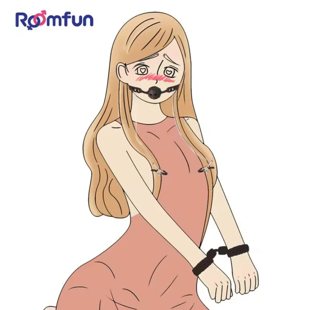 БДСМ игрушки - Кляп-шарик с отверстиями Roomfun с зажимами для сосков, черный-красный 1