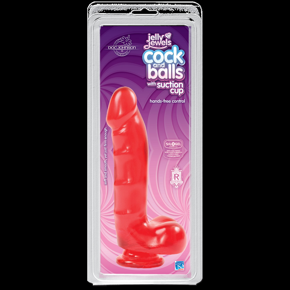 Фаллоимитаторы на присоске, двойные - Фаллоимитатор Doc Johnson Jelly Jewels Cock & Balls Red, диаметр 3,6см, антибактериальный ПВХ 1