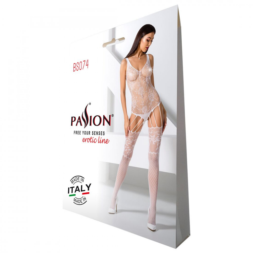 Бодистокинг - Ажурный бодистокинг с имитацией чулок Passion BS074 white 2
