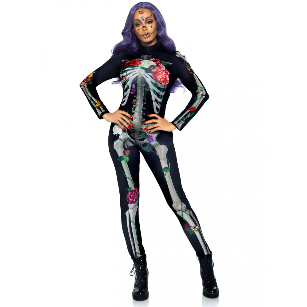 Эротическое белье - Комбинезон скелет с цветочным принтом Leg Avenue Floral skeleton catsuit S 2