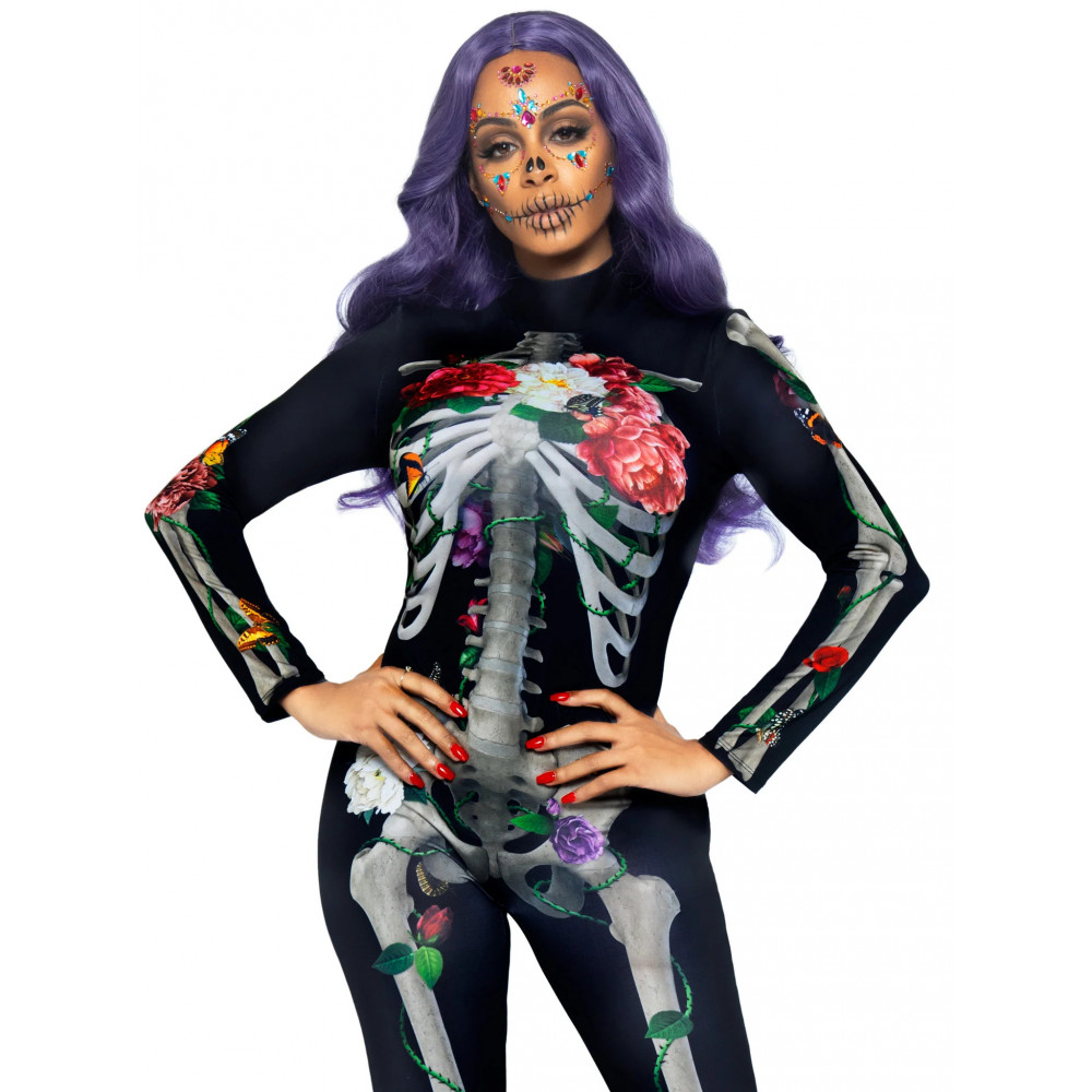 Эротическое белье - Комбинезон скелет с цветочным принтом Leg Avenue Floral skeleton catsuit S