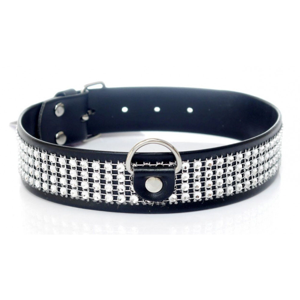 Электростимуляторы - Ошейник из искуственной кожи с кристаллами Fetish Boss Series - Collar with crystals Silver, BS3300101