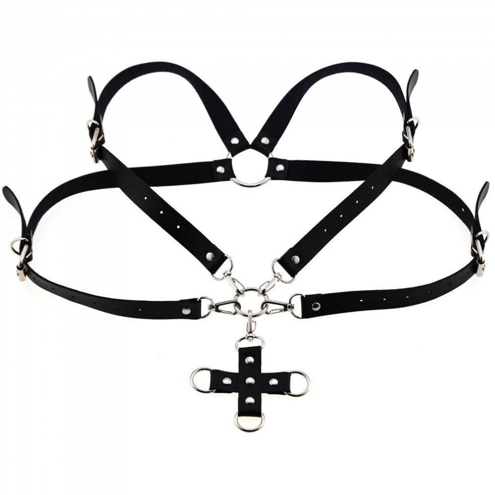 Электростимуляторы - Портупея из искусственной кожи с фиксатором Women's PU Leather Chest Harness Caged Bra GREY 1