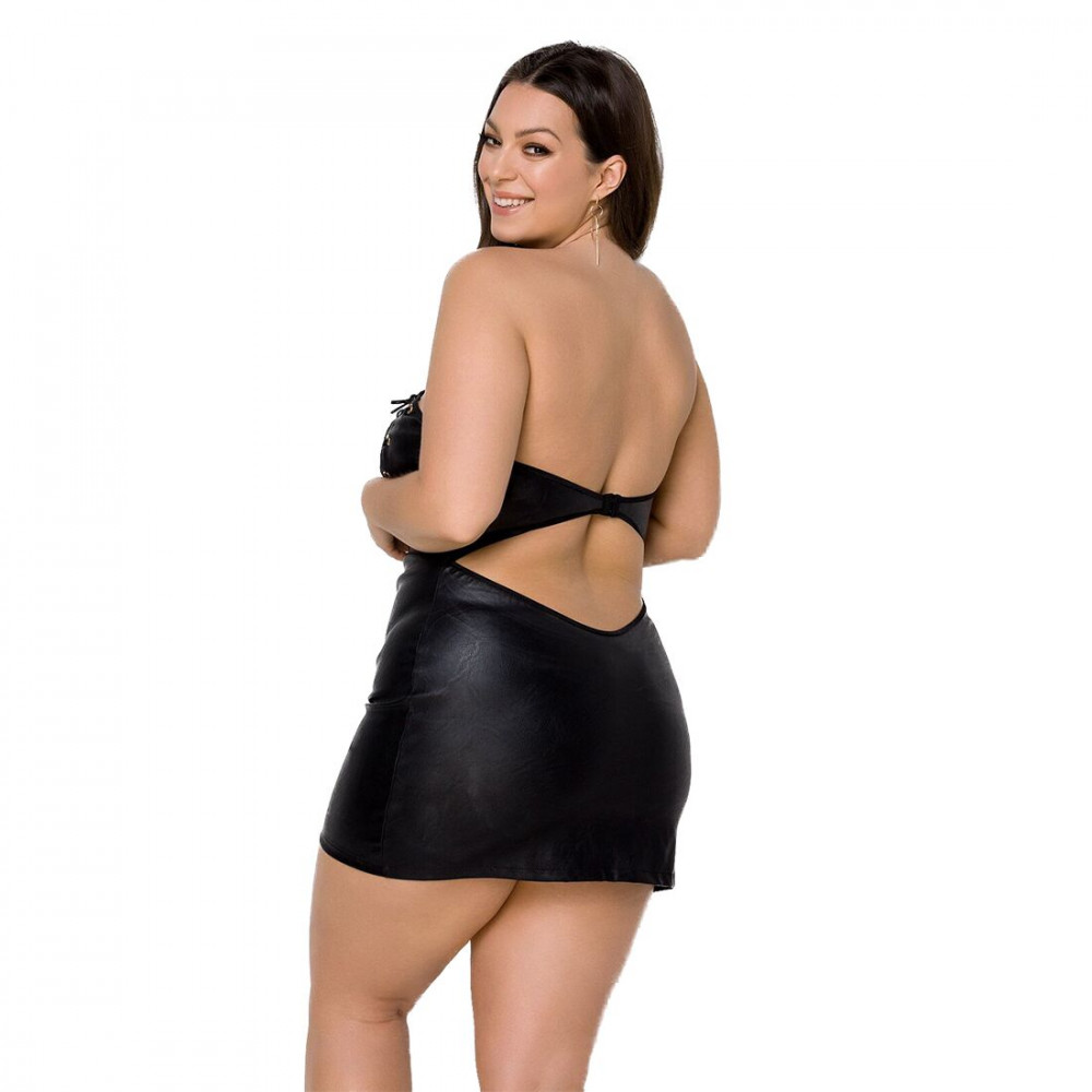 Эротические пеньюары и сорочки - Мини-платье из экокожи Passion Celine Chemise 4XL/5XL black, шнуровка, трусики в комплекте 3