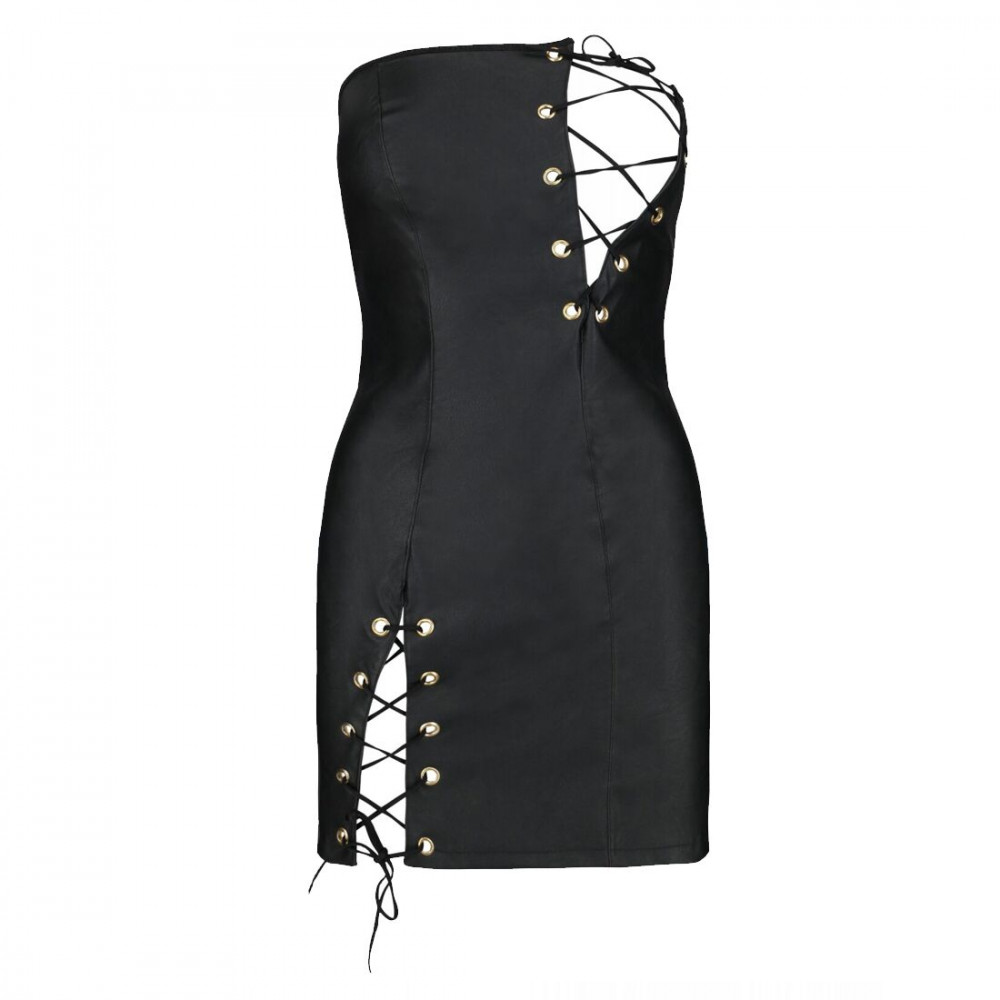 Эротические пеньюары и сорочки - Мини-платье из экокожи Passion Celine Chemise 4XL/5XL black, шнуровка, трусики в комплекте 2