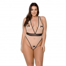 Боди Passion Viena Body 4XL/5XL beige, контрастное, бантики, вставка-сетка, открытые ягодицы