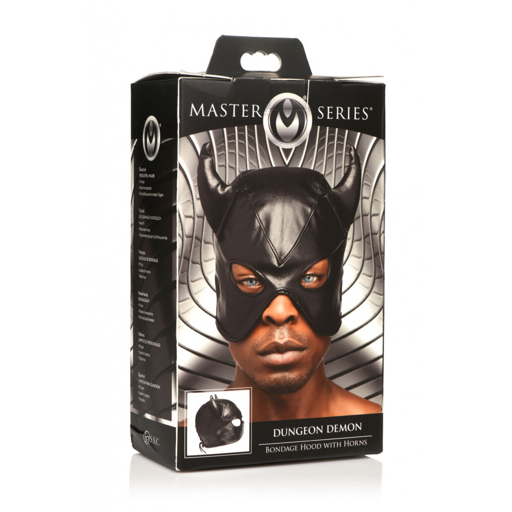 Маски - Маска Master Series Dungeon Demon Bondage Mask with Horns - Black 2
