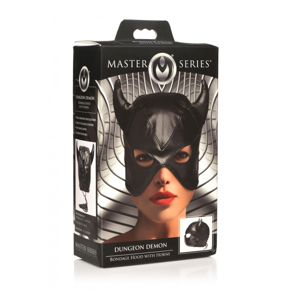 Маски - Маска Master Series Dungeon Demon Bondage Mask with Horns - Black 3