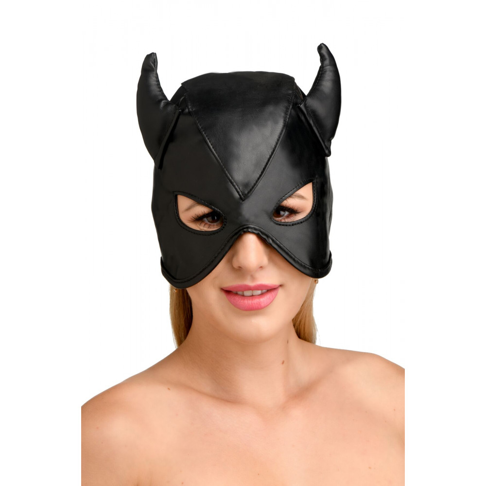 Маски - Маска Master Series Dungeon Demon Bondage Mask with Horns - Black
